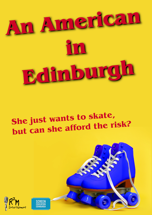 A blue shoes with white laces on a yellow background

Description automatically generated